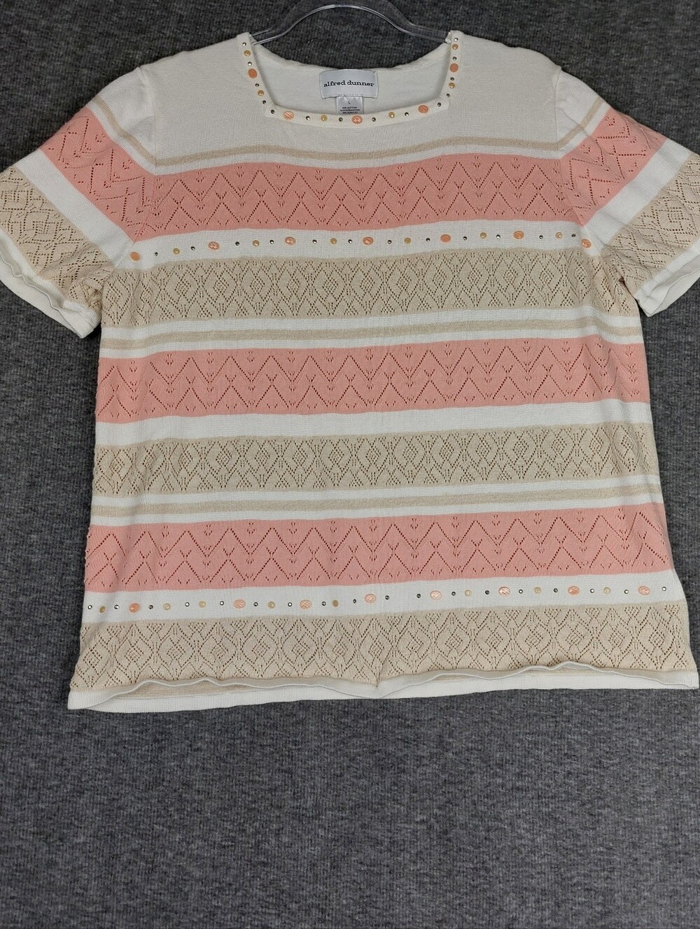 ALFRED DUNNER WOMENS CREAM PINK TAN STRIPED RHINESTONE SHORT SLEEVE SWEATER L